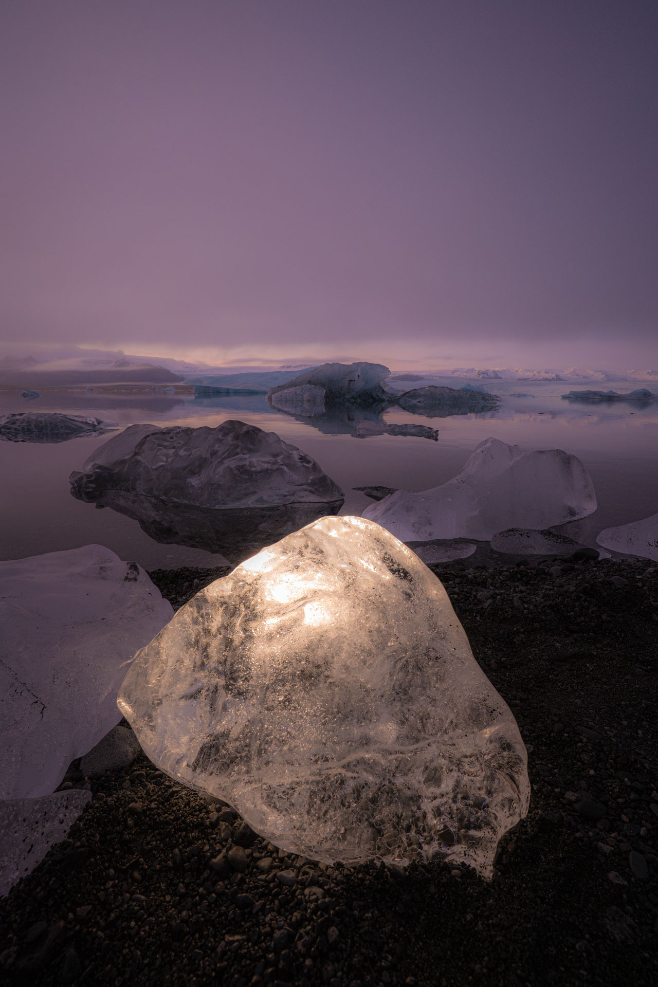 Ice lit up by phone in Iceland